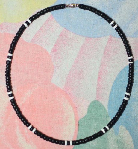 Native Treasure Mens and Womens Summer Beach Surfer Necklace From the Philippines, Black Coconut Beads and White Ark Shell Accents, Mens Beach Necklace3