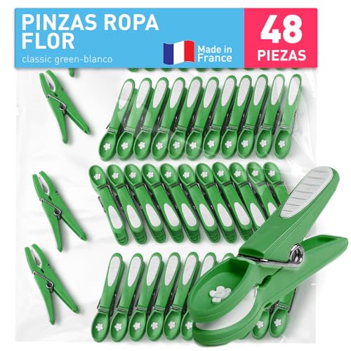 culiclean Pinzas Ropa Fuertes – Flor, 48x, Classic Green-Blanco | Pinzas para Tender Ropa que No Dejan Marca, Plástico Resistente y BPA-Free, Fabricado en Francia