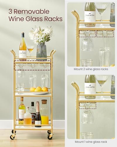 Image of VASAGLE Bar Cart, 3-Tier Shelf, Wine Holders, Glass Holders | Home Bar Serving Cart, 18.4 x 11.8 x 36.2 in, Small Spaces, Kitchen, Living Room, White and Gold, BARIS Collection ULRC101A01