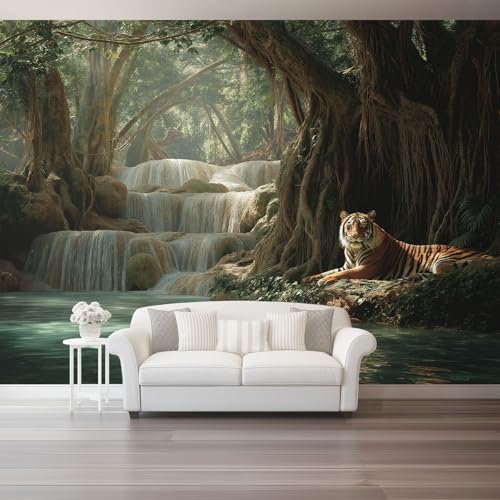 Papier Peint Panoramique Nature Cascade Jungle Tigre Poster Geant Mural 3D, Marron Vert Photo Peinture Murale, Papier Peint Intissé Fresque pour Salon Chambre...