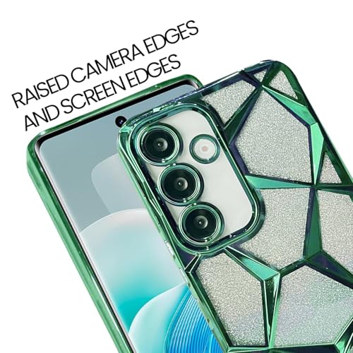 Image of VONZEE Gradient Glitter Case for Samsung S25 FE, Luxury Electroplated 3D Cube, Diamond Bling Shiny Soft TPU Clear Shockproof Women Girls Protective Phone Cover (Green)