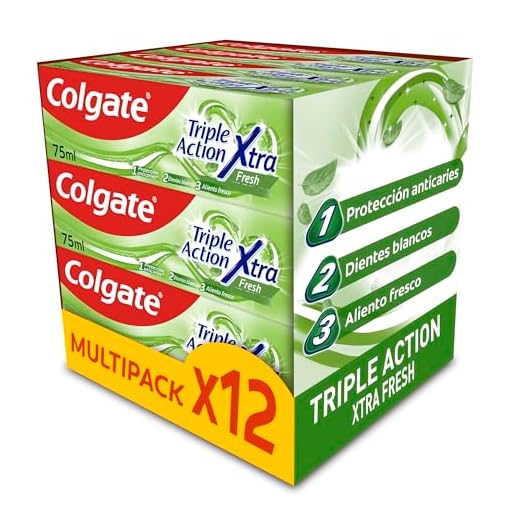 Colgate Triple Acción Xtra Fresh Pasta de Dientes, Pack 12 Uds x 75ml, Dentífrico con Flúor, Protección Anticaries, Ayuda a Mantener los Dientes Blancos, Aliento Fresco, para Toda la Familia