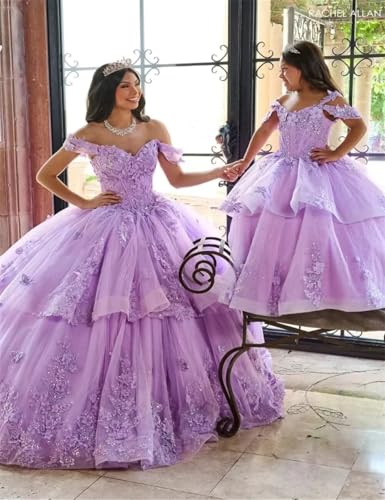 3D Floral Applique Quinceanera Dresses Layered Ball Gown Off Shoulder Beaded Butterfly Prom Princess Sweet16 Gown3