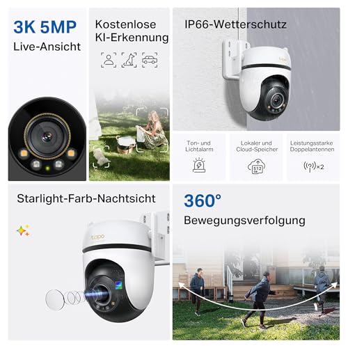 Tapo C530WS 360° Überwachungskamera Außen, 3K 5MP, Starlight Farbe Nachtsicht, KI-Erkennung, Bewegungsverfolgung, WLAN oder Ethernet, microSD-Karte bis zu 512 GB – Bild 4