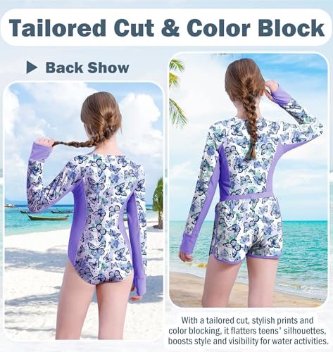HOZIY Cute One Piece Swimsuit for Teens Size 12-14 Long Sleeve Rash Guard Two Piece Modest Bathing Suits Kids Beach Swimwear Purple Butterfly — view 6