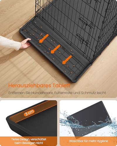 Feandrea Hundekäfig, klappbar, mit 2 Türen, ausziehbare Kunststoffschale, 122 x 74 x 114 cm, XXL, hoch, schwarz PPD050B01