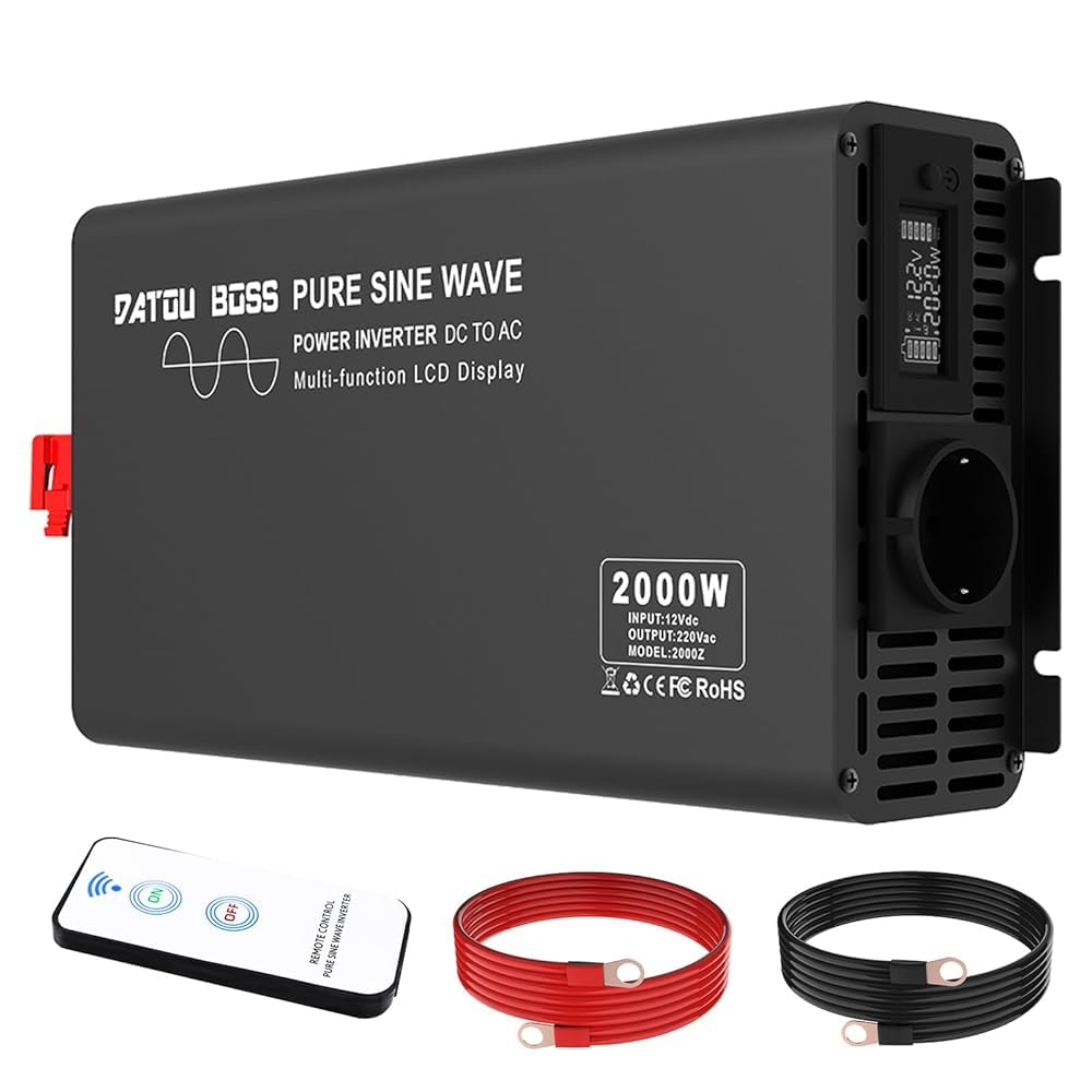 DATOUBOSS 2000W/4000W Inversor 12V 220V Onda Pura, inversor 12v a 220v Convertidor Onda con Control Remoto Inalámbrico, 1 AC Tomas，Pantalla Digital, Adecuado para Coches, Caravanas, Barcos y Acampada