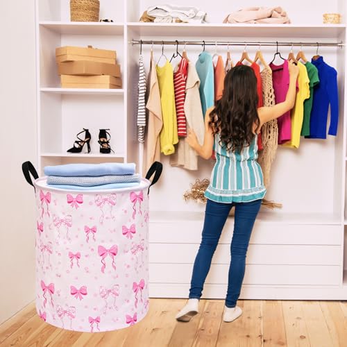 Image of Pink Bowknot Kids Laundry Hamper Clothes Gift Basket Storage Laundry Baskets Organizer Bin with Handles for Nursery Room
