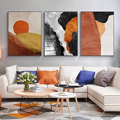 Cuadro de pared abstracto con bloques de color, 3 piezas de 70x100cm sin marco y lámina dorada