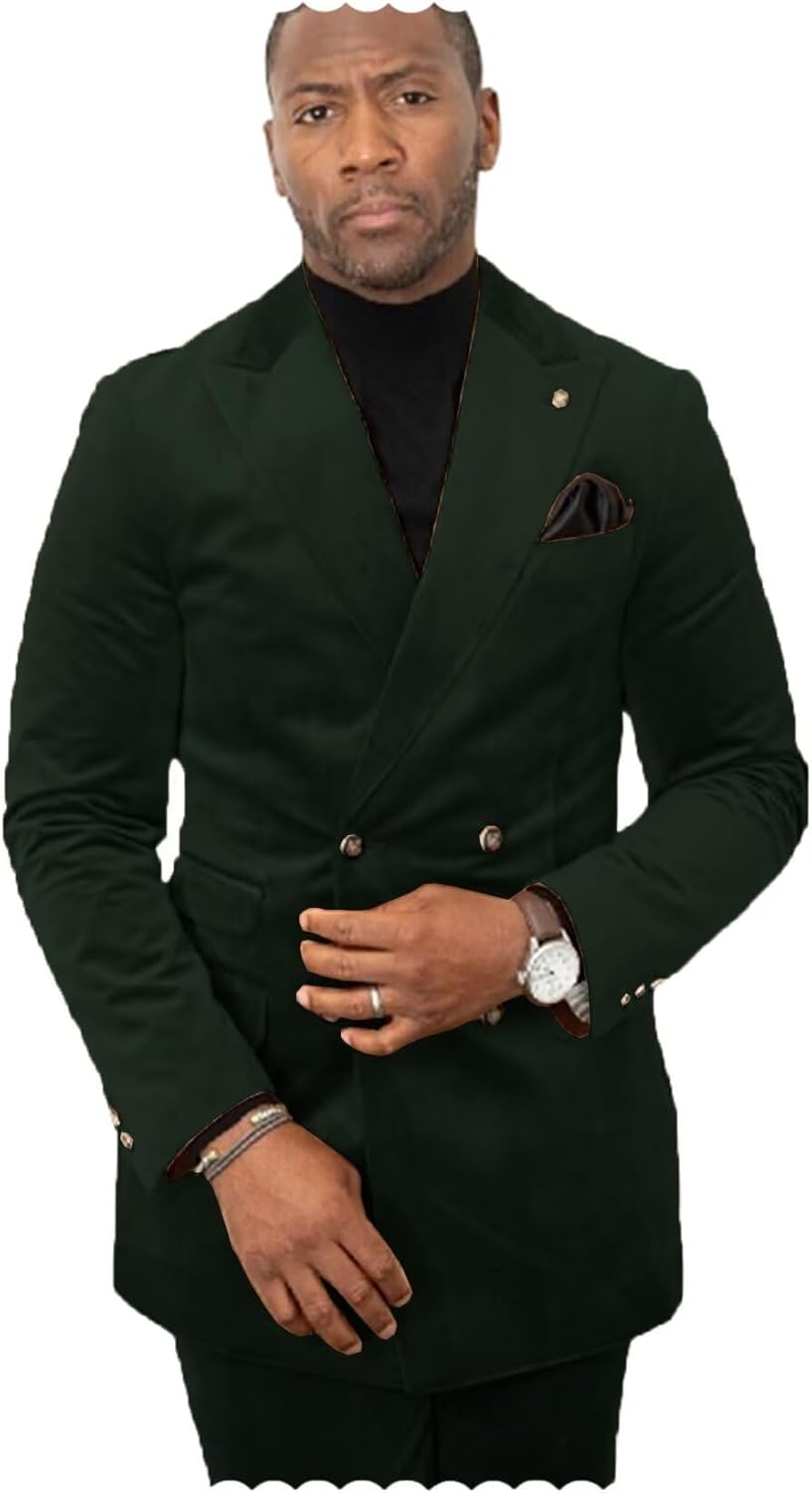 Men's 2 Piece Velvet Suit Double Breasted Tuxedo Slim Fit Blazer Jacket Pants