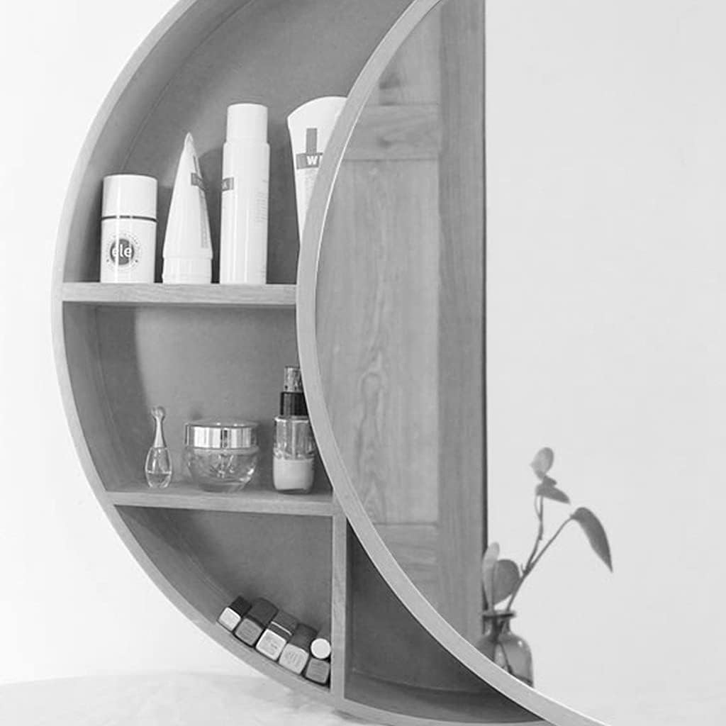 Cabinets Bathroom Round Wall-Mounted Wooden Storage Cabinet with Makeup Mirror Sliding Wooden Mirror Frame (Black 50cm)