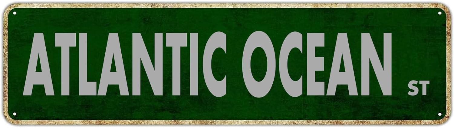 peiyeety Vintage Metal Tin Sign Decorative Wall Art Atlantic Ocean St Themed Street Sign, Rustic Style, Durable Waterproof Rustproof, For Home, Coastal Decor, Beach, Easy To Mount, 4x16 Inch