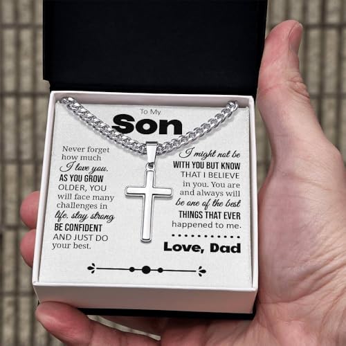 To My Son Gift, Cuban Chain with Cross Necklace, Sentimental Jewelry from Dad, Thoughtful Keepsake for Son, Inspirational Jewelry Message Card with Gift Box2