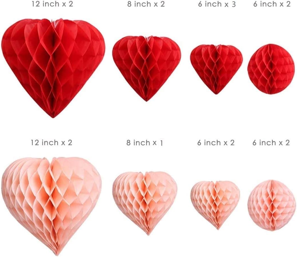 UNIQOOO 16 Pack Red Blush Pink Valentines Day Decorations Pom Pom, Heart & Ball Tissue Paper Honeycomb for Party Decor, Wedding, Engagement, Bridal Shower