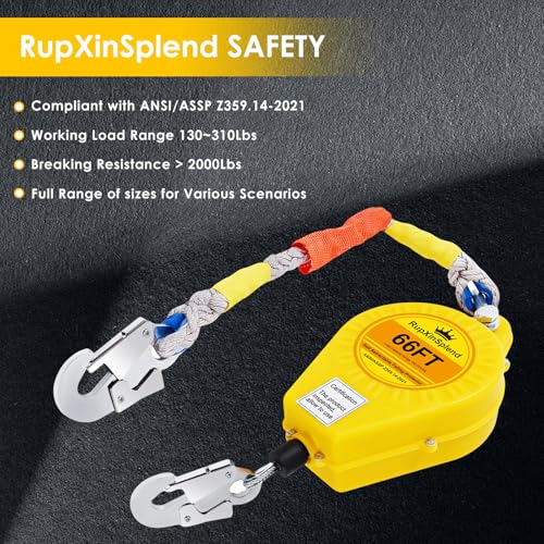 Image of Fall Arrester Protector Self Retractable 66FT Fall Protection Gear Double Locking, Dual PPE+Alloy Steel housing Heavy Duty Lifeline Safety Lanyard Rope Cable Wire Roofing Construction