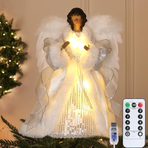 SINTENILL 12.5" Black Angel Christmas Tree Topper with Lights, Lighted Angel Tree Topper with White Feather Wings and Star Light, Remote Control, Timer & USB Powered for Holiday Party Decor by SINTENILL - Used condition - US$22.89