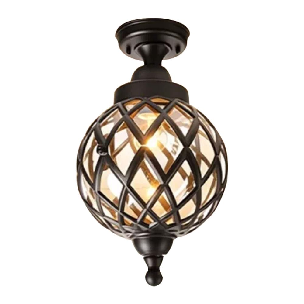 ZGDHWCR E26 Base Flush Mount Ceiling Lamp, Creative Lantern Shape Metal Ceiling Light, Vintage Style Outdoor Glass Ceiling Lamp, Courtyard Garden Balcony Decoration Light Fixtures
