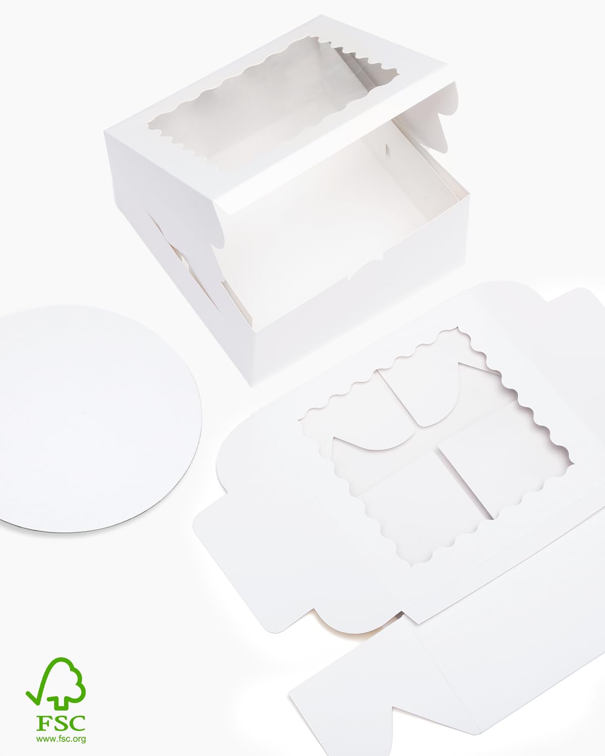 qiqee Caja para tartas de 10 x 10 x 5 pulgadas, 18 juegos de cajas blancas para tartas con ventana y 18 juegos de tablas redondas blancas de 10 pulgadas, recipientes para tartas de 10 pulgadas, cinta