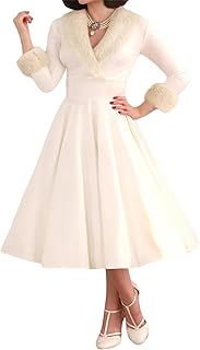 Womens Winter Retro Faux Fur Trimmed Swing Dress Long Sleeve Deep V Neck Midi Sexy Elegant Fancy Xmas Party Dress - Buy now