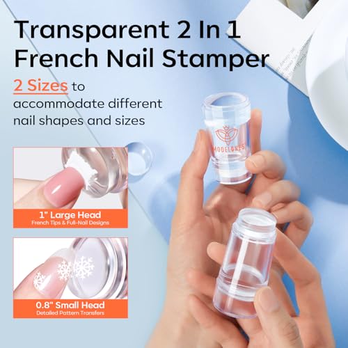 Image of modelones French Tip Nail Tool, 6Pcs Nail Stamper Kit for Beginners with 2 Sizes Replacement Heads DIY French Manicure Tool with Jelly Stamper Scraper for Gel Nail Stamping Kit, Nail Art Tips Printing
