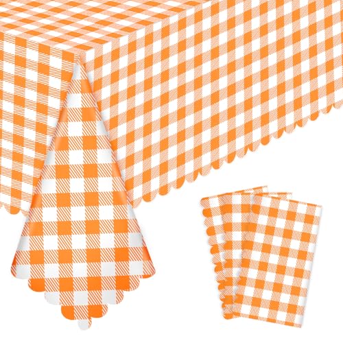 3 Pack Orange Gingham Tablecloths 54 X 108Inch Scalloped Fall Tablecloth