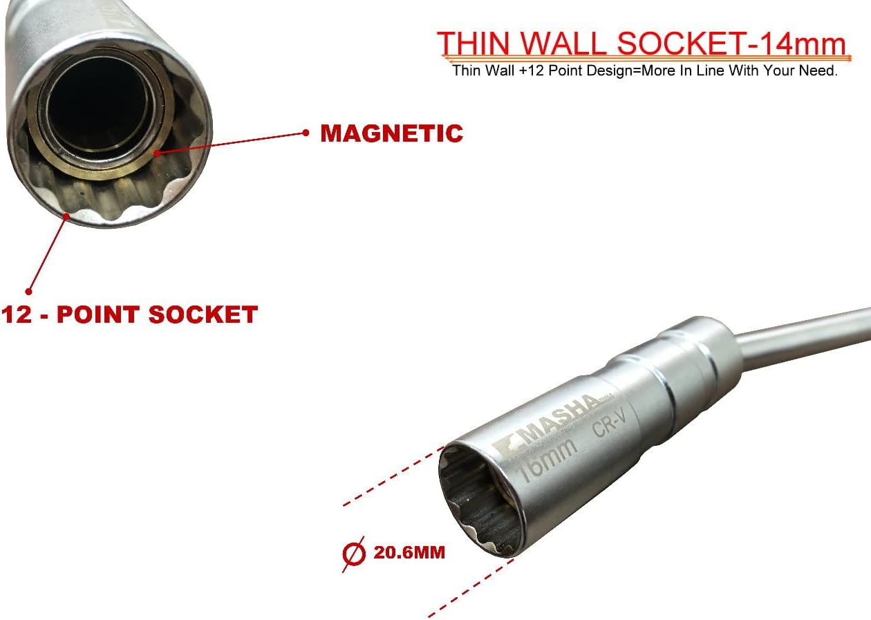 14mm Swivel Magnetic With Thin Wall Spark Plug Socket,3/8 Inch Driver × 12 Inch Total Length,12-Point Thin Wall Socket With Enhanced Magnetic Design for BMW,Mini,Nissan