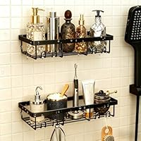 LINKINNO 2 Stück Duschablage Ohne Bohren, Langlebige Edelstahl Rostfreies Badezimmer Organizer Regal großer Kapazität schnell Trocknende Badregal Halterung mit 2 Haken für Shampoo Duschel, Schwarz