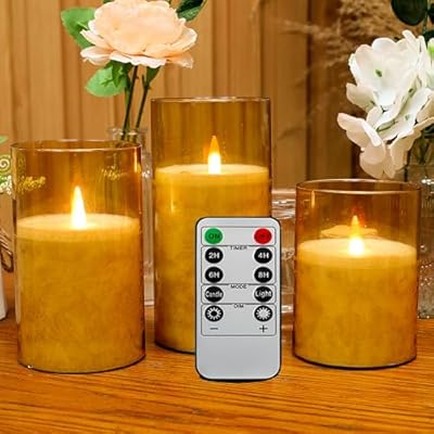 ACROSS Amber Gold Flameless Candles with Remote Control, Battery Operated Candles LED Pillar Fake Candle with Timer, 4'' 5'' 6'' Candles Set of 3 Pack.
