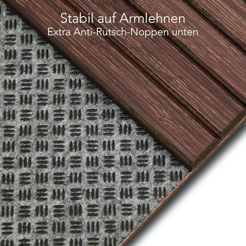 DETOR Sofatablett mit Aufbewahrungsbox (31,5×14 cm), braun gebeiztem Bambus und rutschfester Filzbasis, passend für Armlehnen ab 15,5cm Breite