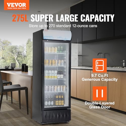 Image of VEVOR Commercial Merchandiser Refrigerator, 9.7 Cu.Ft / 275L Beverage Refrigerator Cooler Merchandiser, Glass Door Display Refrigerator Upright Fridge with 4 Adjustable Shelves, Customizable Lightbox
