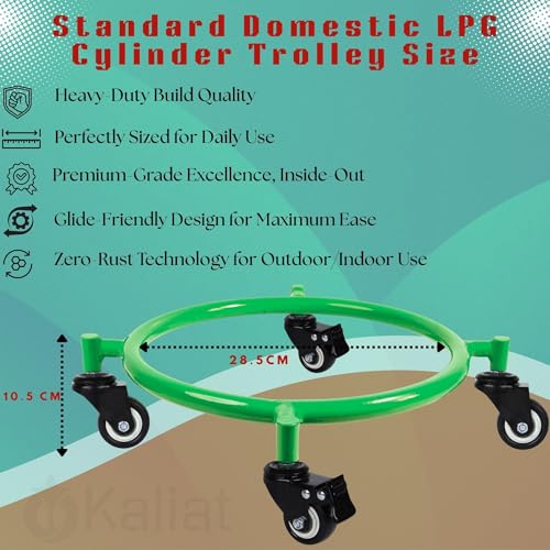Image of Gas Cylinder Trolley with Lock Wheels - Green | Heavy Duty Steel LPG Cylinder Stand | 360 Smooth Rolling Caster Wheels (2+2 Lock) | Rust Resistant Cylinder Holder for Kitchen & Home