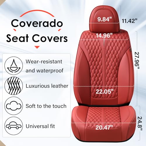 Image of Coverado Front Seat Covers, Luxury Nappa Leather Seat Covers, Car Seat Covers Waterproof, 2 Pack Universal Seat Covers for Cars, Car Seat Protector, Driver Seat Cover Fit for Most Cars, Red