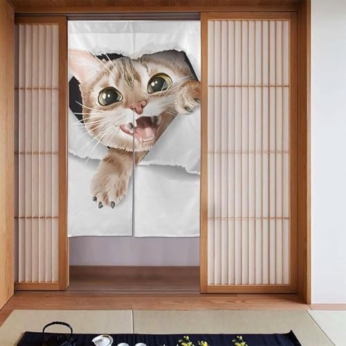 のれん おしゃれ スコティッシュフォールド 覗く 白い ネコ 猫柄 暖簾 簡単 目隠し 玄関 ドアカーテン 間仕切り ロング カーテン キッチン リビング 飲食店 出入り口 飾り 幅86cm 丈143cm 34x56inch