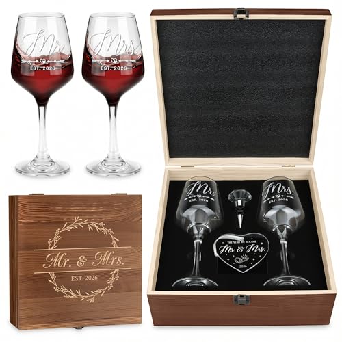 Verouis Wedding Gifts for Couples 2026 Mr and Mrs Engraved Wine Glasses Engagement Gift for Newlywed Bachelorette Bridal Shower Gifts for Bride and Groom Present for Bride To Be His and Hers