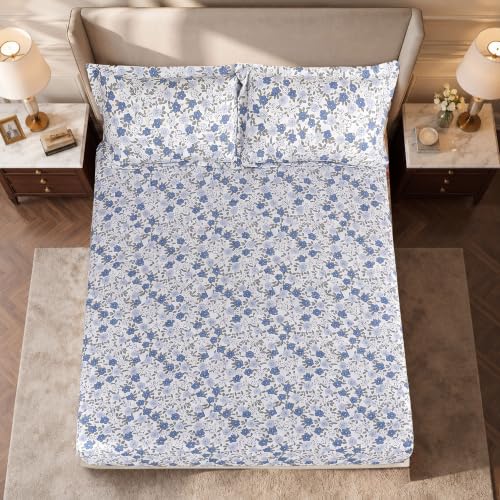 Image of Home Elegance from House of Mytrident | Linen Feel Bed Sheet for Double Bed King Size with Two Pillow Covers | Ultrasoft | Floral 274cm x 250cm | myTrident - Zest Blue