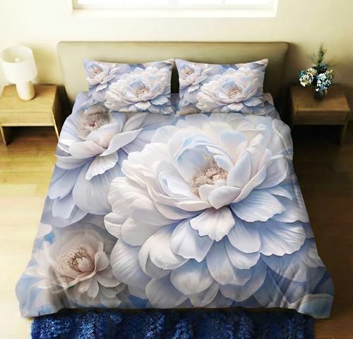 Image of Home Sizzler Premium 7D Floral Soft Microfiber Double Bedsheet with 2 Pillow Covers - Soft, Breathable, White & Blue Flower Print
