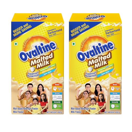Image of OVALTINE Malted Health Drink Milk Powder, Health Drink for Kids & Adults, Malt Based Nutrition Drink with Vitamins & Minerals, Easy Mix Milk Powder for Daily Energy & Wellness, 450g (Pack of 2)