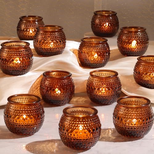 32 Pcs Amber Votive Candle Holders, Round Amber Glass Candle Holder with Polka Dot Embossed, Vintage Votive Candle Holders for Weddings, Home Decor, Baby Shower, Special Occasions