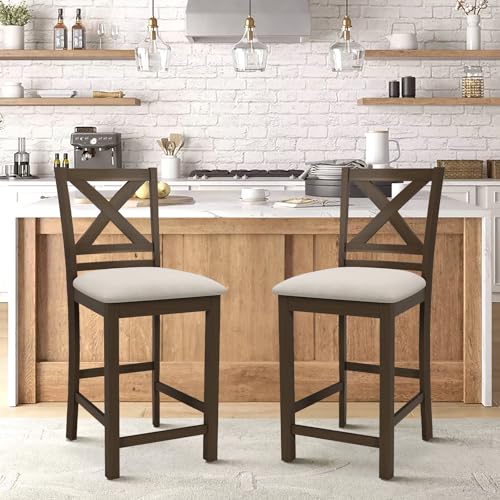 Image of COLAMY Upholstered Counter Height Bar Stools Set of 2, Modern Kitchen Island Barstools Chairs with Cross Back and Wood Legs for Dining Room Bar, Brown Black