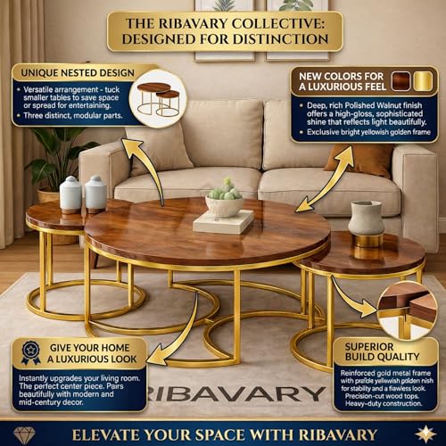 Image of Round Coffee Table Set of 3, Marble Laminated Accent Center Table with Sturdy Metal Base Modern Foldable Nesting Stacking Tables for Living Room, Bedroom. (Modern, Golden-Brown.)
