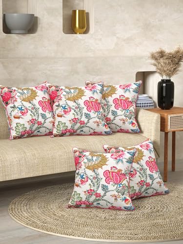Image of Pure Cotton Quilted Cushion Cover 16x16 Inch | Anokhi Print Decorative Throw Pillow Cover | Soft Cotton Sofa Cushion Cover with Hidden Zipper | Living Room Bedroom Home Decor