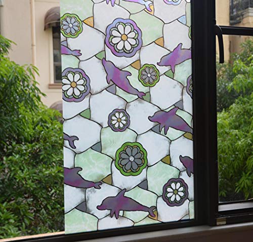 Vsudo Decorative Privacy Window Film, No Glue Decor Static Cling Glass Sticker, Anti-Uv Window Tint For Home Or Office (Living Room/Bathroom/Kitchen)(1 Roll, 17.7" By 78.7"/ 45X200Cm, Dolphin) #TOP3