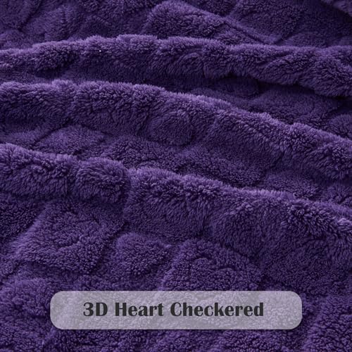 NEWCOSPLAY Super Soft King Blanket Purple Premium Silky Flannel Fleece 3D Heart Checkered Lightweight Bed Blanket All Season Use (Purple Heart, King(90"x110"))