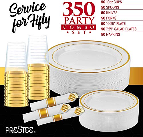 350 Piece Gold Dinnerware Set | 50 Guest | Party Supplies | Disposable Silverware Sets |100 Gold Rim Plastic Plates, 50 Pre-Rolled Linen Feel Napkins, Spoons, Forks, Knives, 50 Gold 10 Oz Plastic Cups #TOP1