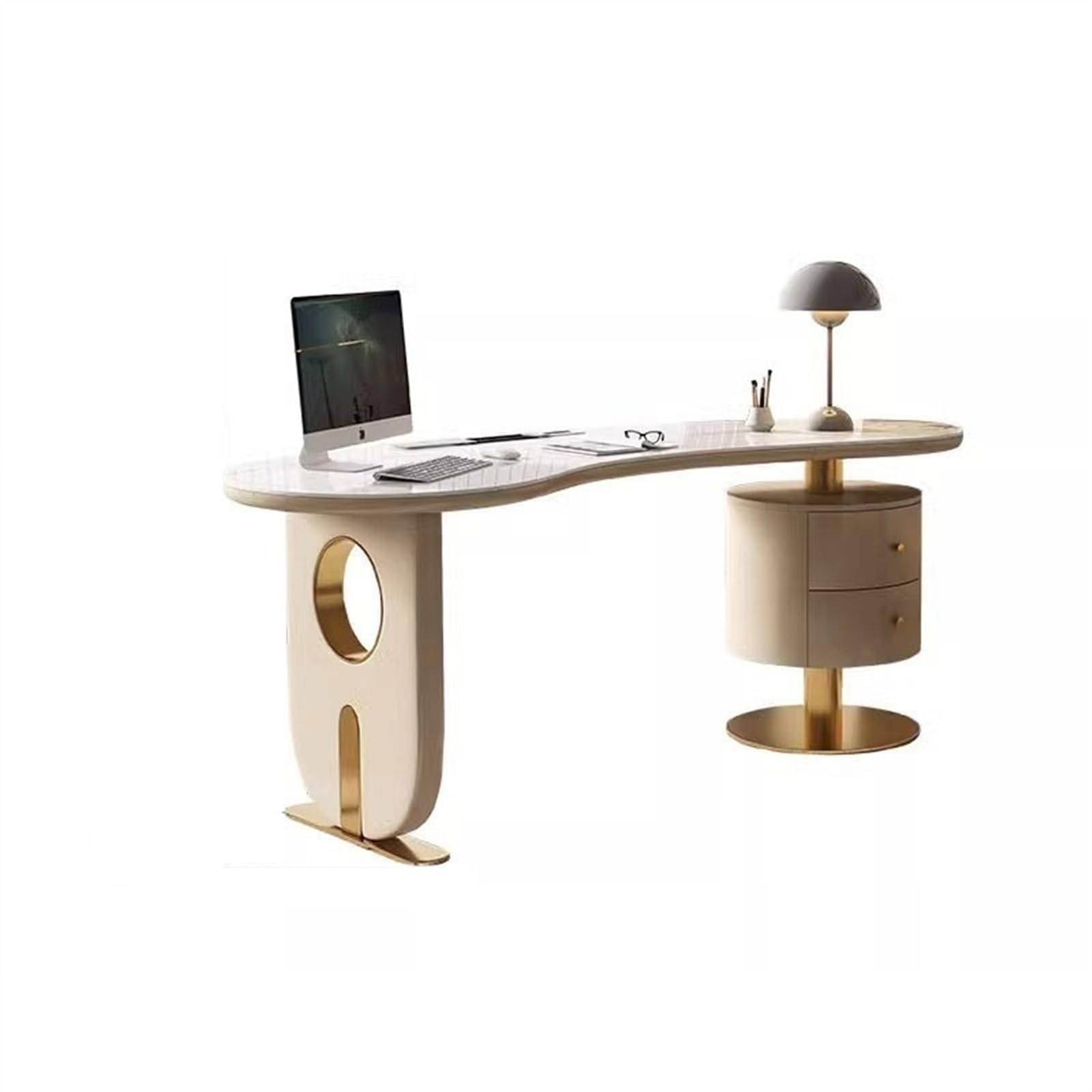 Nowoczesne zakrzywione biurko do gier – francuskie kremowe wykończenie łupkowe, lekki luksusowy stół PC do domowego biura, designerski styl, 140 x 77 x 75 cm, idealne do gier i konsultacji