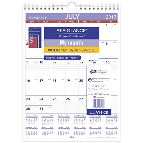AT-A-GLANCE Academic Wall Calendar, July 2017 - June 2018, 8