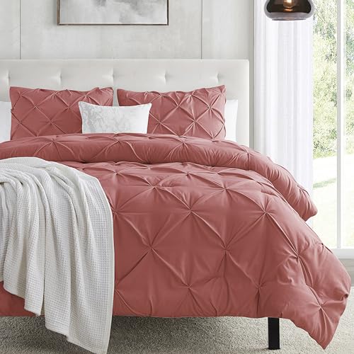 Image of Nestl Pink Clay Duvet Cover Full Size - Soft Double Brushed Duvet Set with Button Closure & Corner Ties, 3 Piece Luxurious Pinch Pleated Duvet Cover Set 80x90 Inches with 2 Pillow Shams