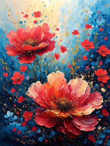 Broderie diamant fleurs rouges de haute précision : toile mosaïque cristal 70x100cm