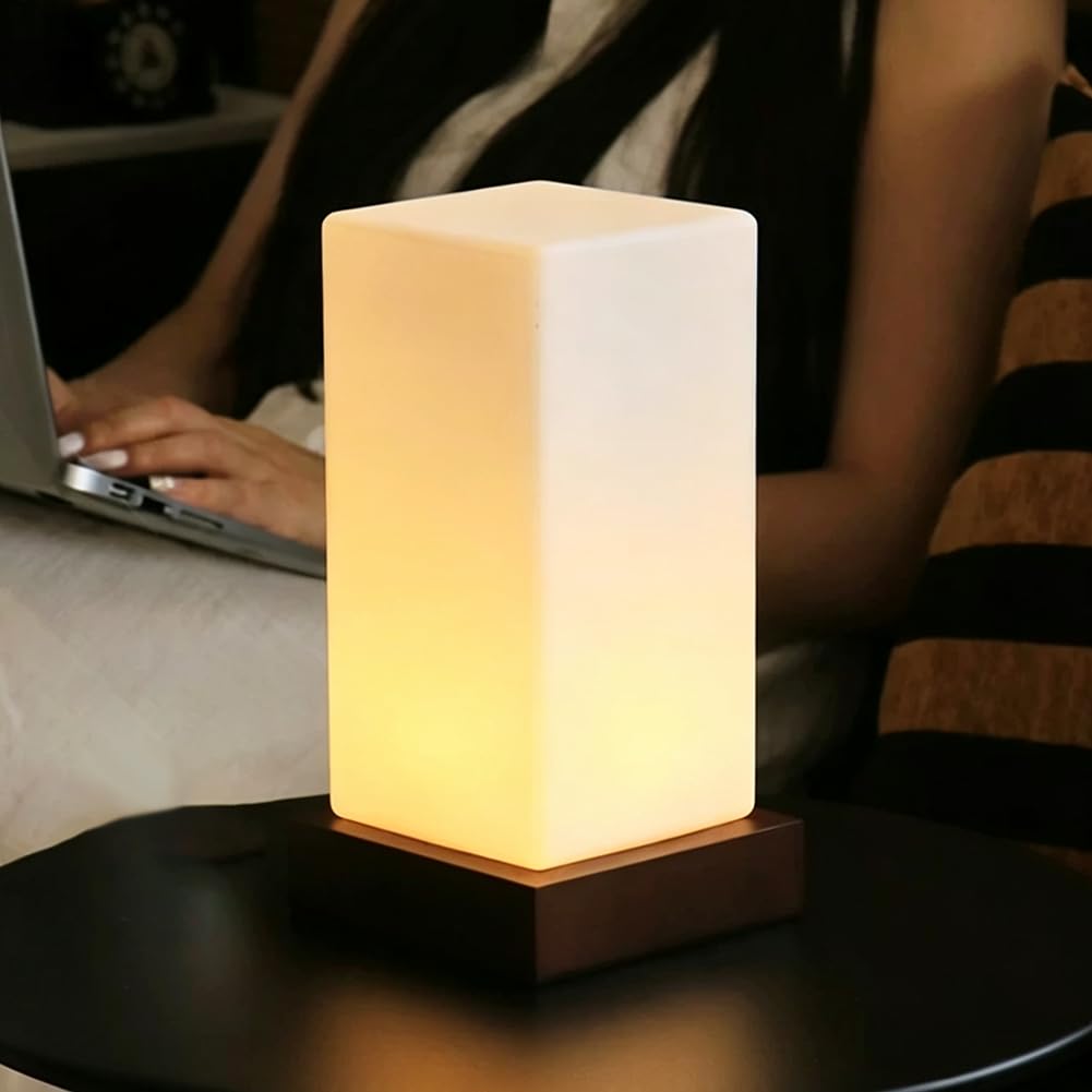 LOGT LED Wooden Table Lamp, Wireless, Battery-Powered, Rechargeable, Square, USB Charging, Living Room Lamp, Dimmable with Touch Switch, 3 Colour Temperatures Reading Light Indoor Acrylic Lampshade