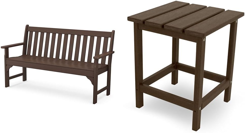 Polywood 60" Mahogany Vineyard Bench and 18" Mahogany Long Island Side Table Bundle